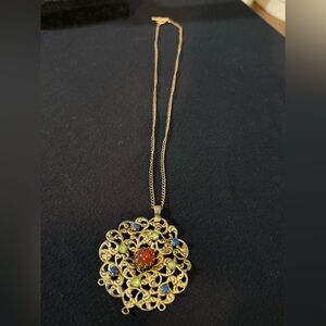 Ornate Gold-Tone Filigree Necklace with Red, Blue, and Green Accents